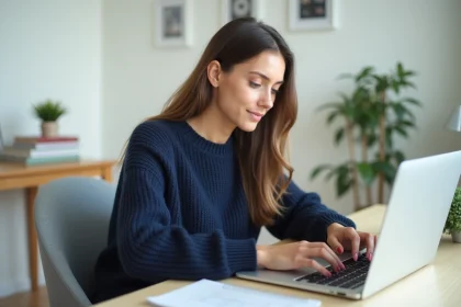 Jeune femme au bureau avec ordinateur portable