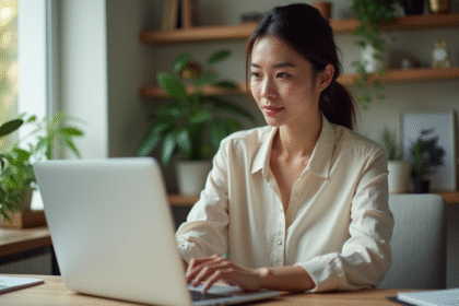 Femme au bureau regardant un site web moderne