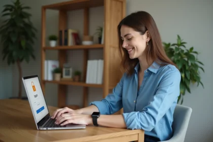 Femme au bureau moderne travaillant sur un ordinateur portable