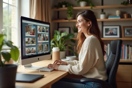 Femme dans son bureau feuilletant des albums photo