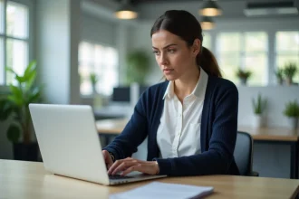 Femme au bureau concentrée sur son ordinateur portable