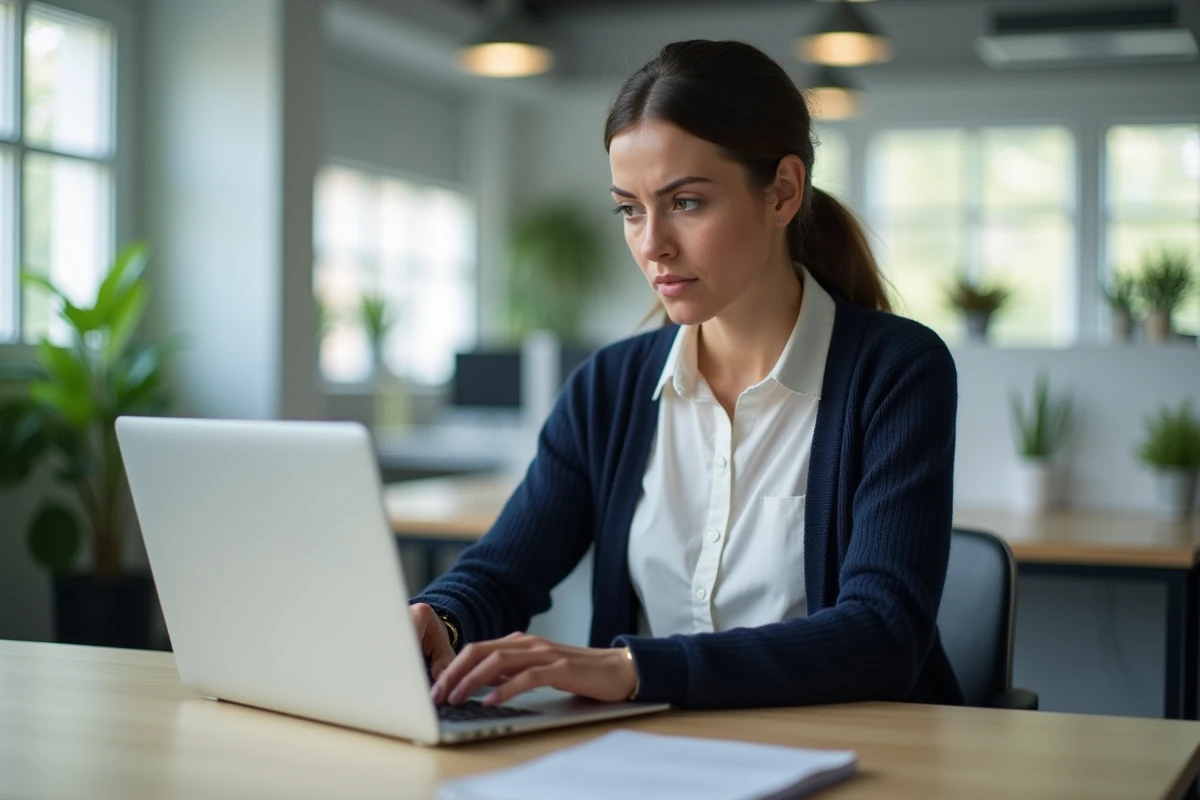 Femme au bureau concentrée sur son ordinateur portable