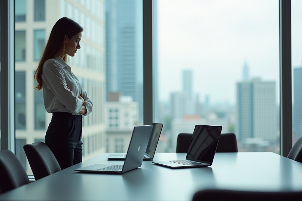 Femme regardant des laptops sur une table de conférence dans un bureau urbain