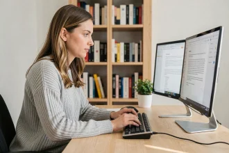 Femme tapant soigneusement sur un clavier mécanique dans un bureau à domicile bien organisé pour éviter les fautes de frappe