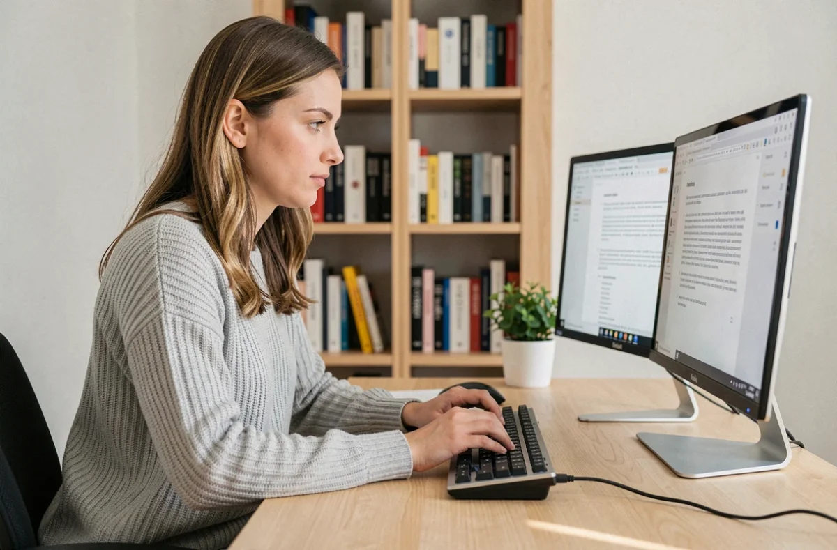 Femme tapant soigneusement sur un clavier mécanique dans un bureau à domicile bien organisé pour éviter les fautes de frappe