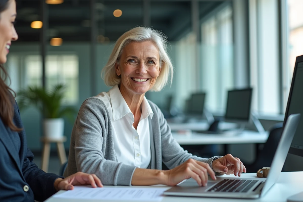 Femme souriante pointant son écran dans un espace de travail partagé