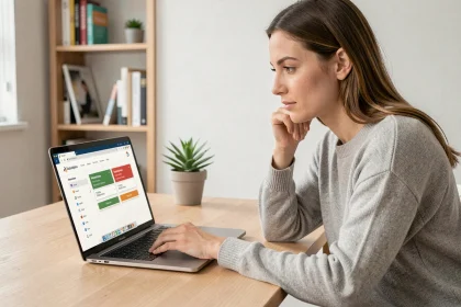 Femme comparant les options de prix et la version gratuite de ChatGPT 5 sur un ordinateur portable dans un bureau à domicile moderne