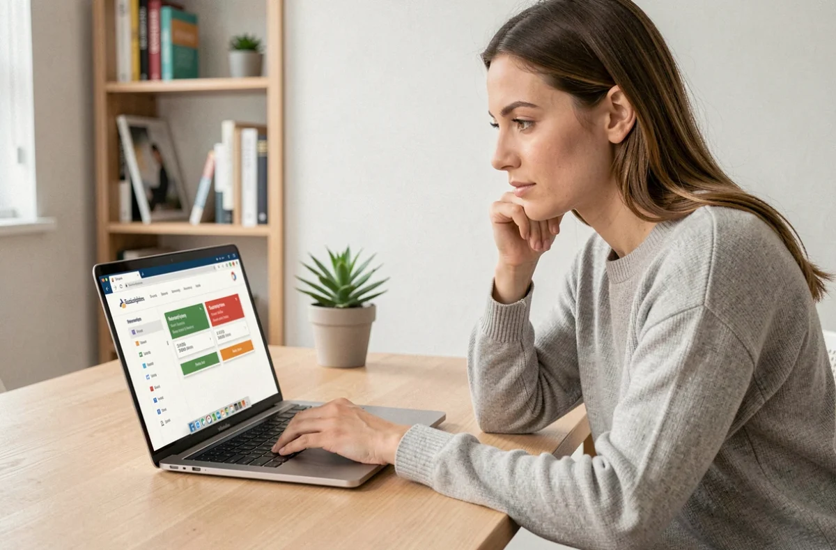 Femme comparant les options de prix et la version gratuite de ChatGPT 5 sur un ordinateur portable dans un bureau à domicile moderne