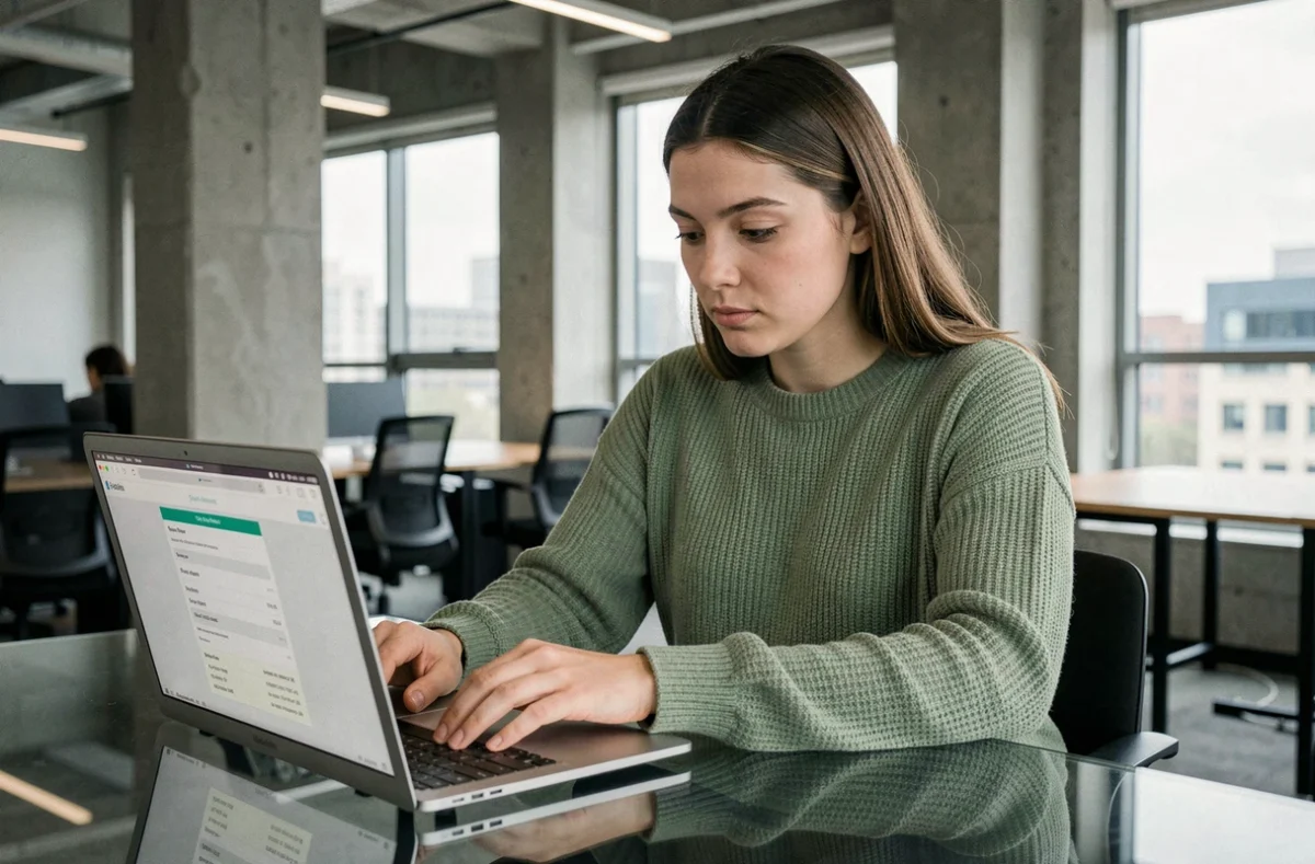 Femme comparant les configurations du MacBook Air M2 sur un ordinateur portable dans un espace de coworking moderne