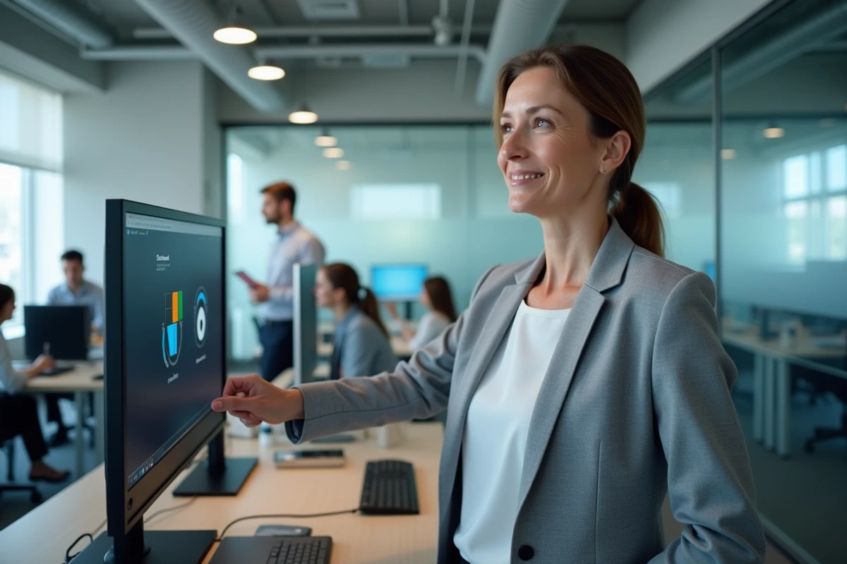 Femme IT comparant les interfaces de sécurité de Windows 10 et Windows 11 sur un double écran en entreprise