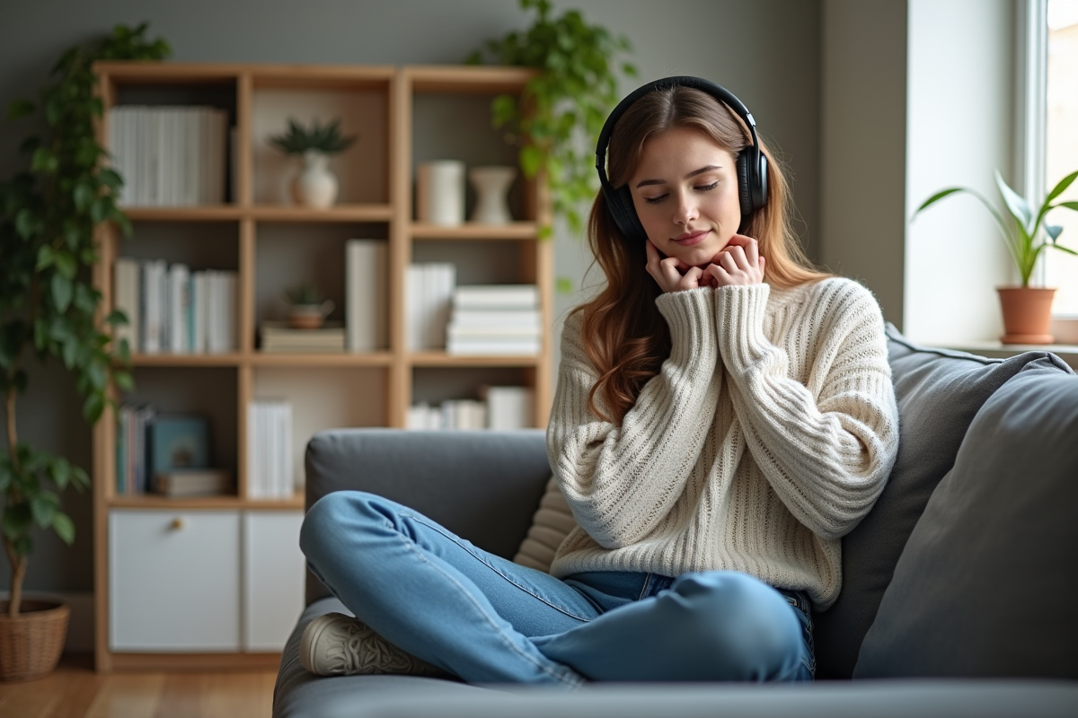 Jeune femme écoute un podcast dans un salon cosy