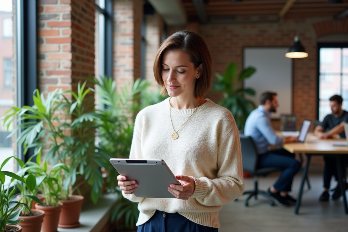 Femme analysant des données SEO dans un espace de coworking dynamique