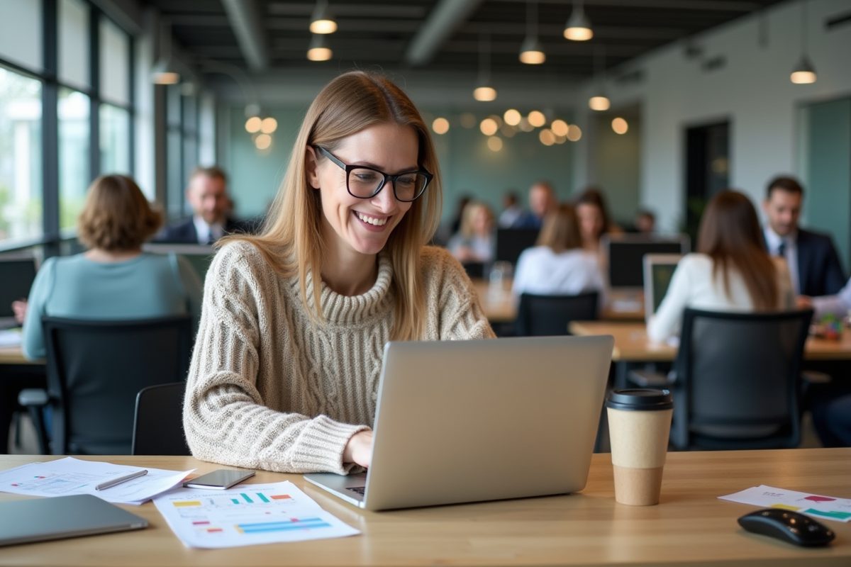 Femme souriante travaillant sur son ordinateur en coworking