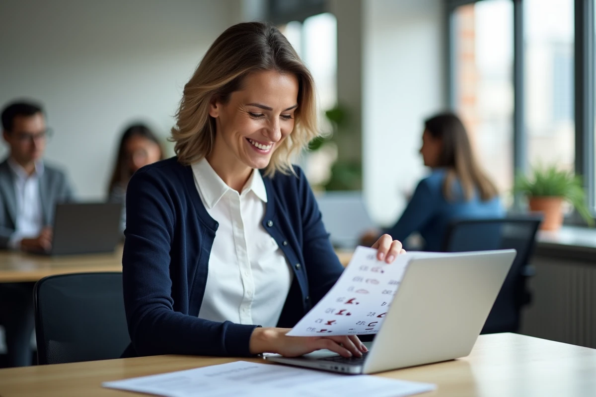 Femme web developpeuse souriante avec document de caractères spéciaux