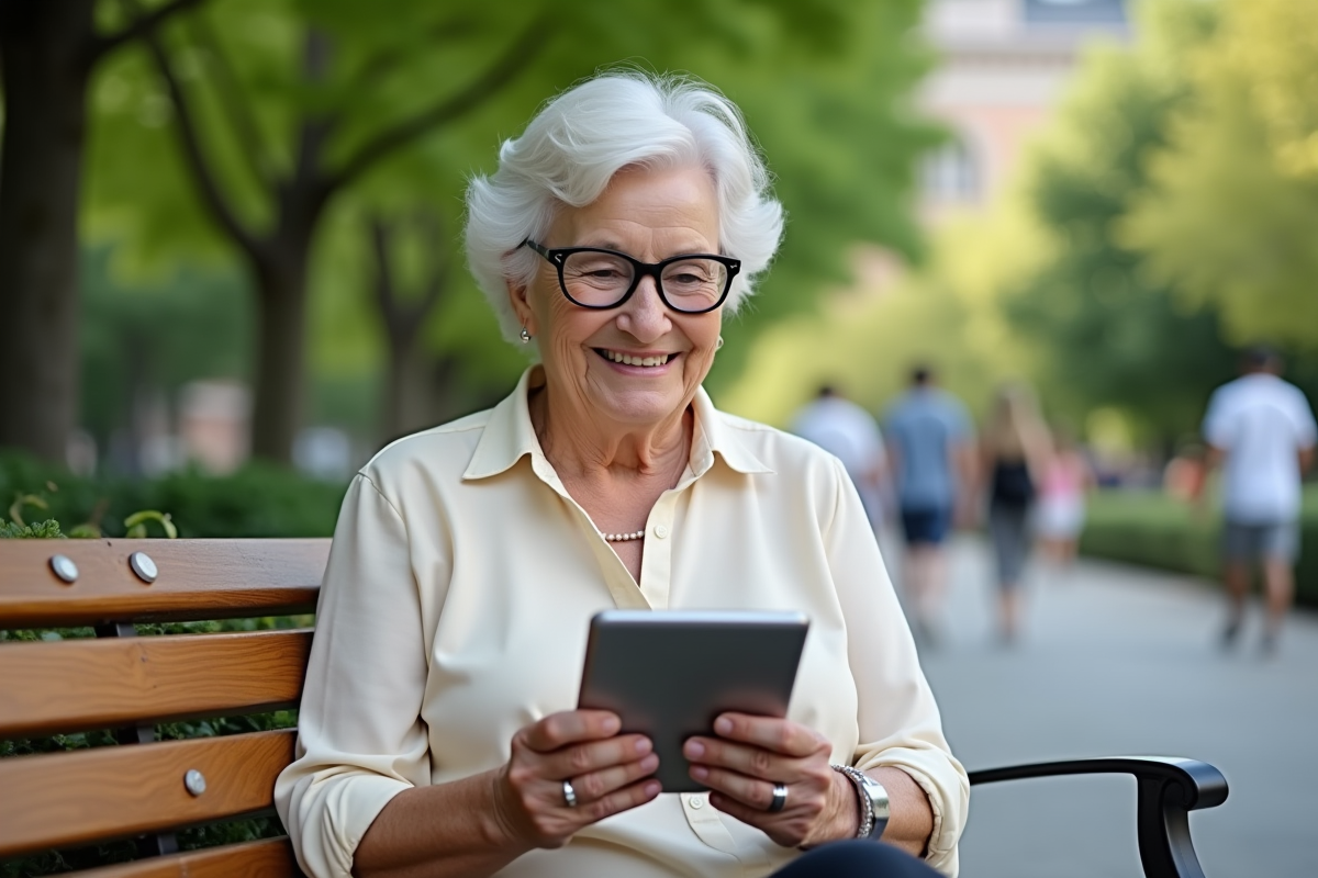 Femme âgée en parc faisant un appel vidéo sur tablette