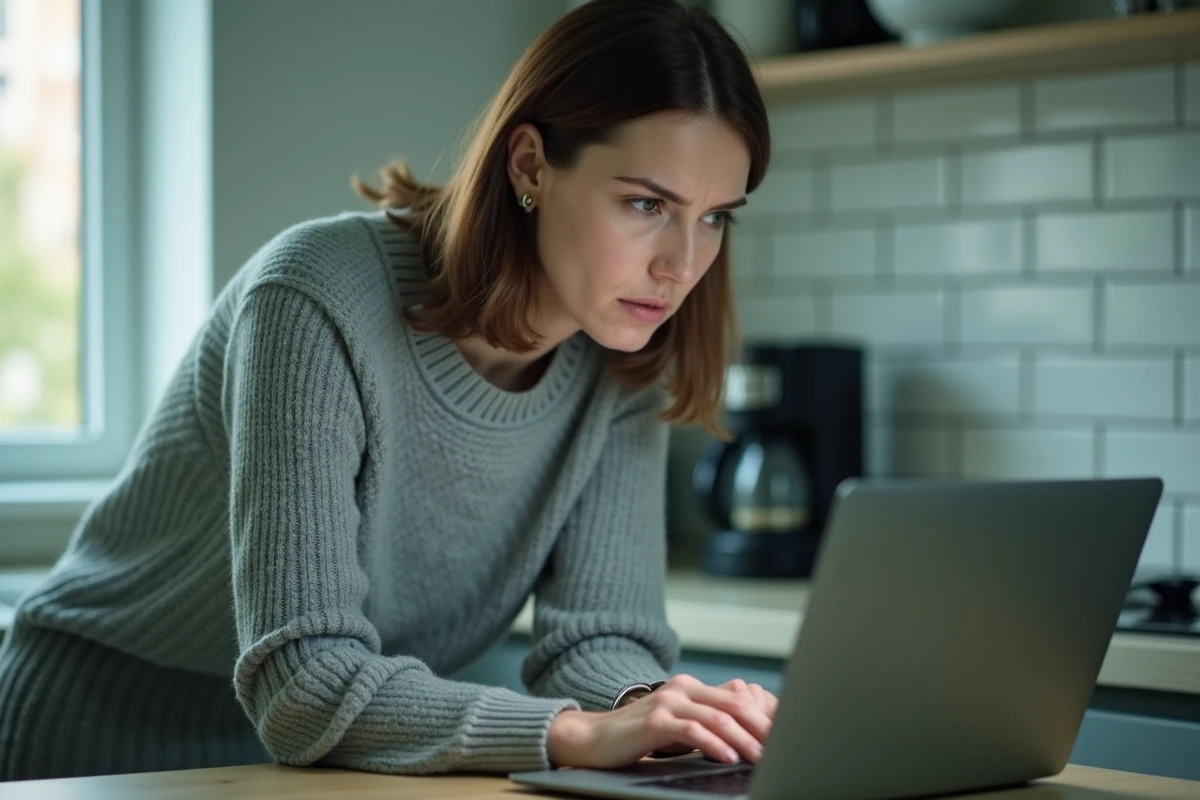 Femme inquiète face à un message d'erreur lors d'une mise à niveau Windows sur son ordinateur portable dans une cuisine