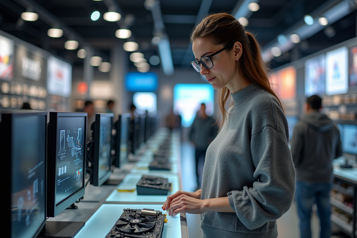Femme regardant une carte graphique dans un magasin d électronique