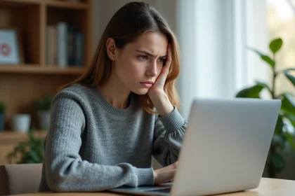 Jeune femme frustrée devant un message d'erreur sur son ordinateur portable, illustrant une panne de webmail