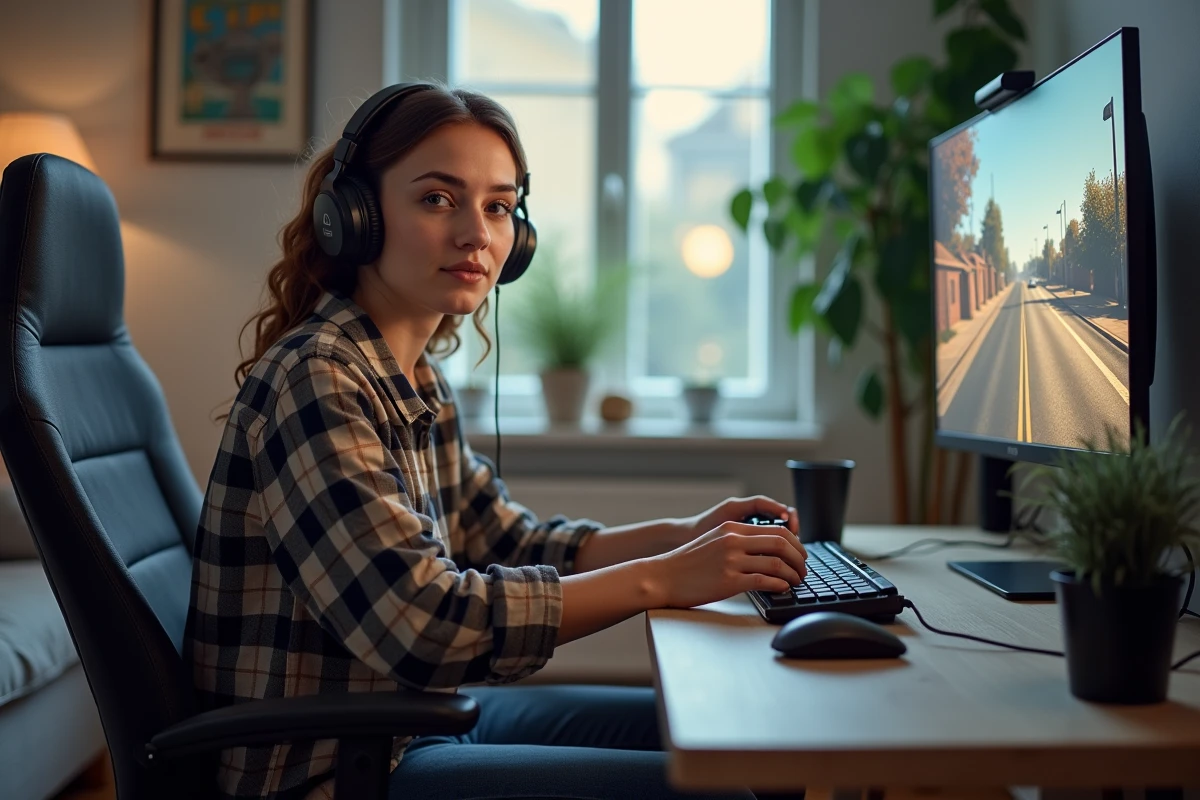 Femme jouant à GTA V dans un salon lumineux