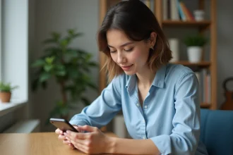 Femme en cuisine consulte son iPhone pour gérer ses mots de passe