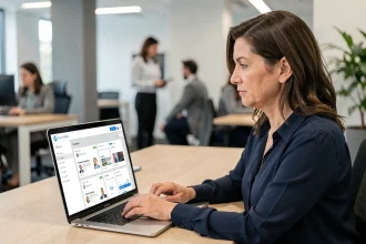 Femme en entreprise consultant un portail employé multi-comptes sur un ordinateur portable pour gérer plusieurs employeurs sur myPrimobox