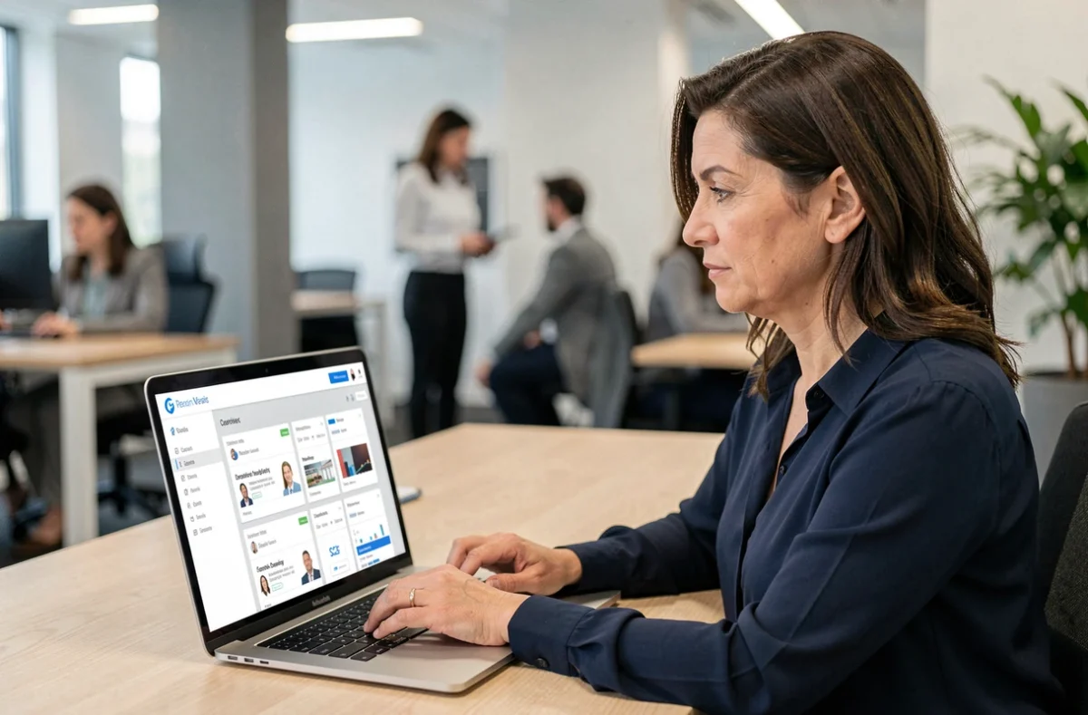 Femme en entreprise consultant un portail employé multi-comptes sur un ordinateur portable pour gérer plusieurs employeurs sur myPrimobox