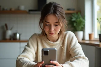Femme examinant attentivement un Google Pixel 8a avant achat dans une cuisine moderne