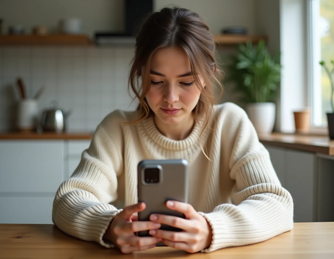 Femme examinant attentivement un Google Pixel 8a avant achat dans une cuisine moderne