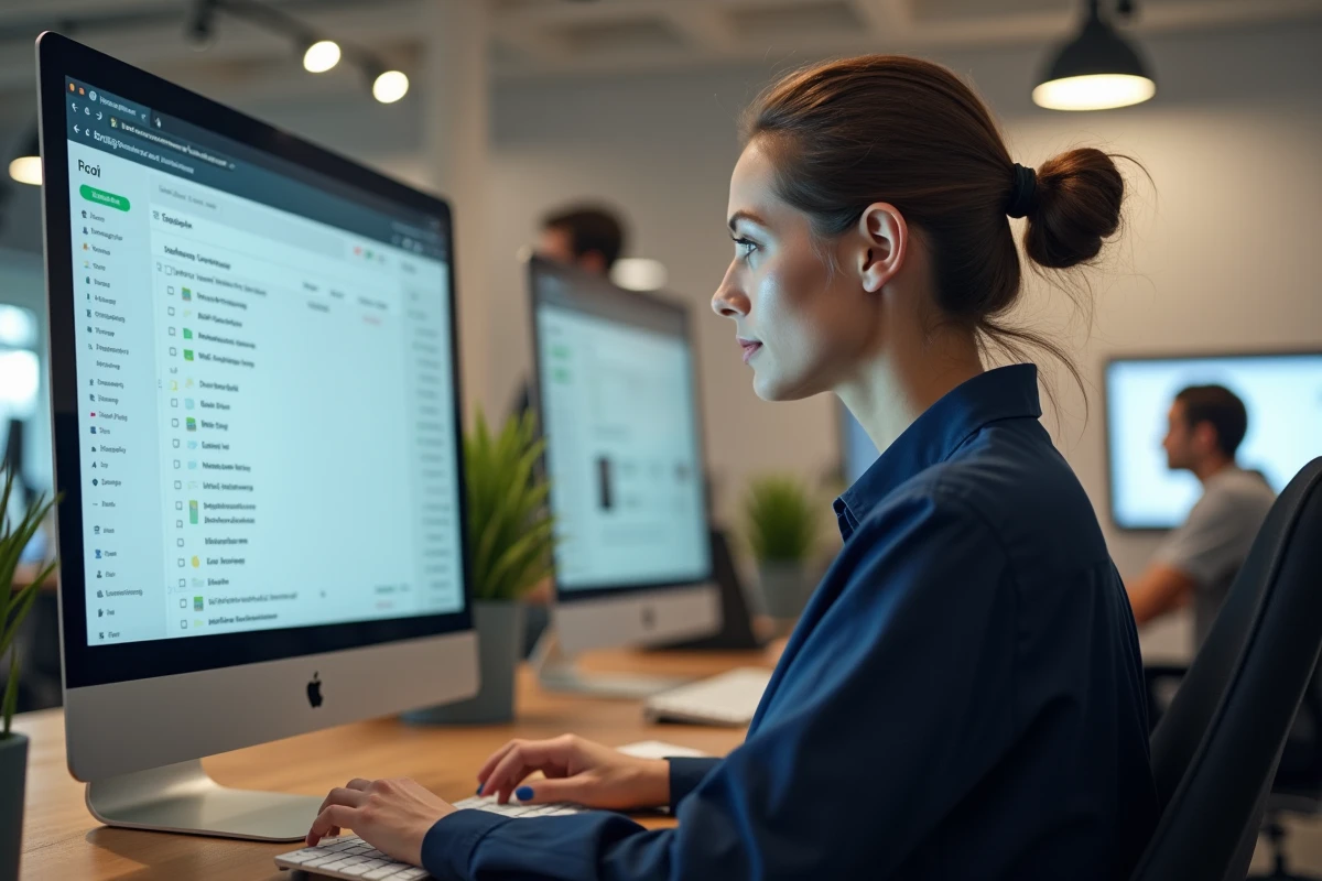 Femme utilisant une interface webmail sur un ordinateur de bureau dans un bureau moderne