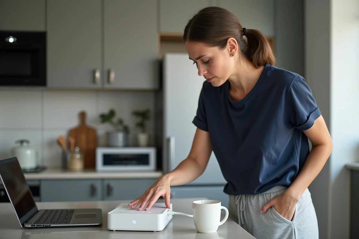 Femme dans la cuisine vérifiant un routeur blanc connecté