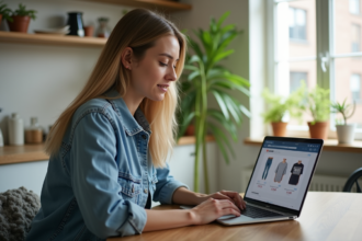 Jeune femme concentrée sur son ordinateur portable dans une cuisine moderne
