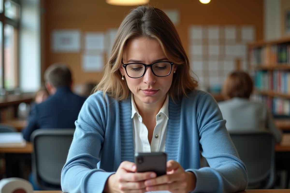 Femme lisant son smartphone dans une bibliothèque publique lumineuse