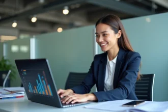 Jeune femme en bureau analysant des données marketing