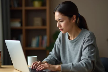 Femme regardant un message d'URL masquée sur son navigateur avec une expression préoccupée