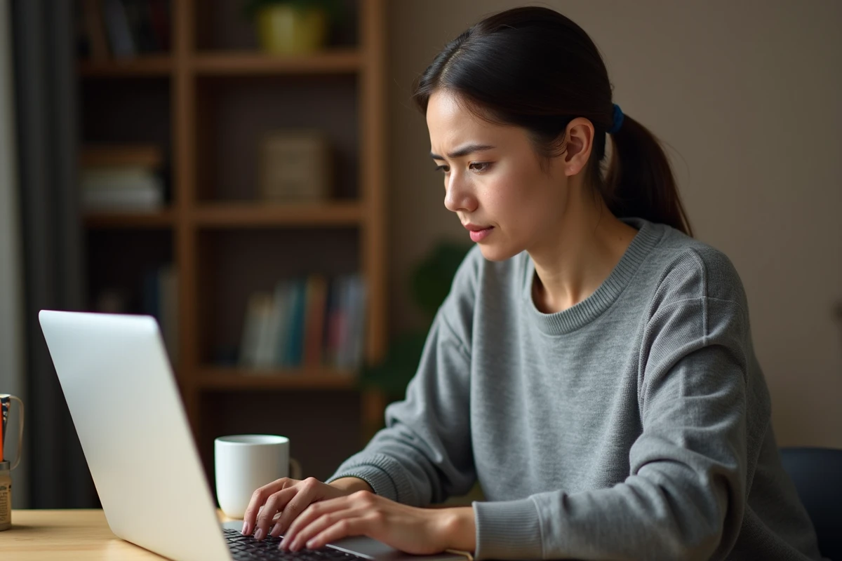 Femme regardant un message d'URL masquée sur son navigateur avec une expression préoccupée