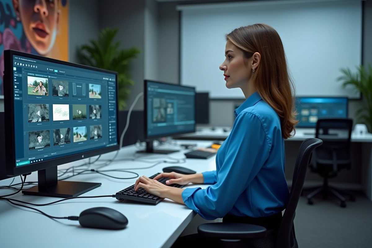 Femme regardant un écran avec processus de conversion vidéo
