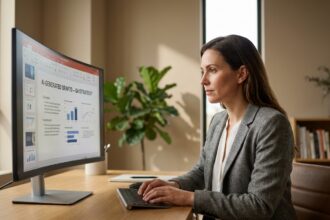 Femme professionnelle préparant une présentation avec l'IA sur un ordinateur dans un bureau moderne