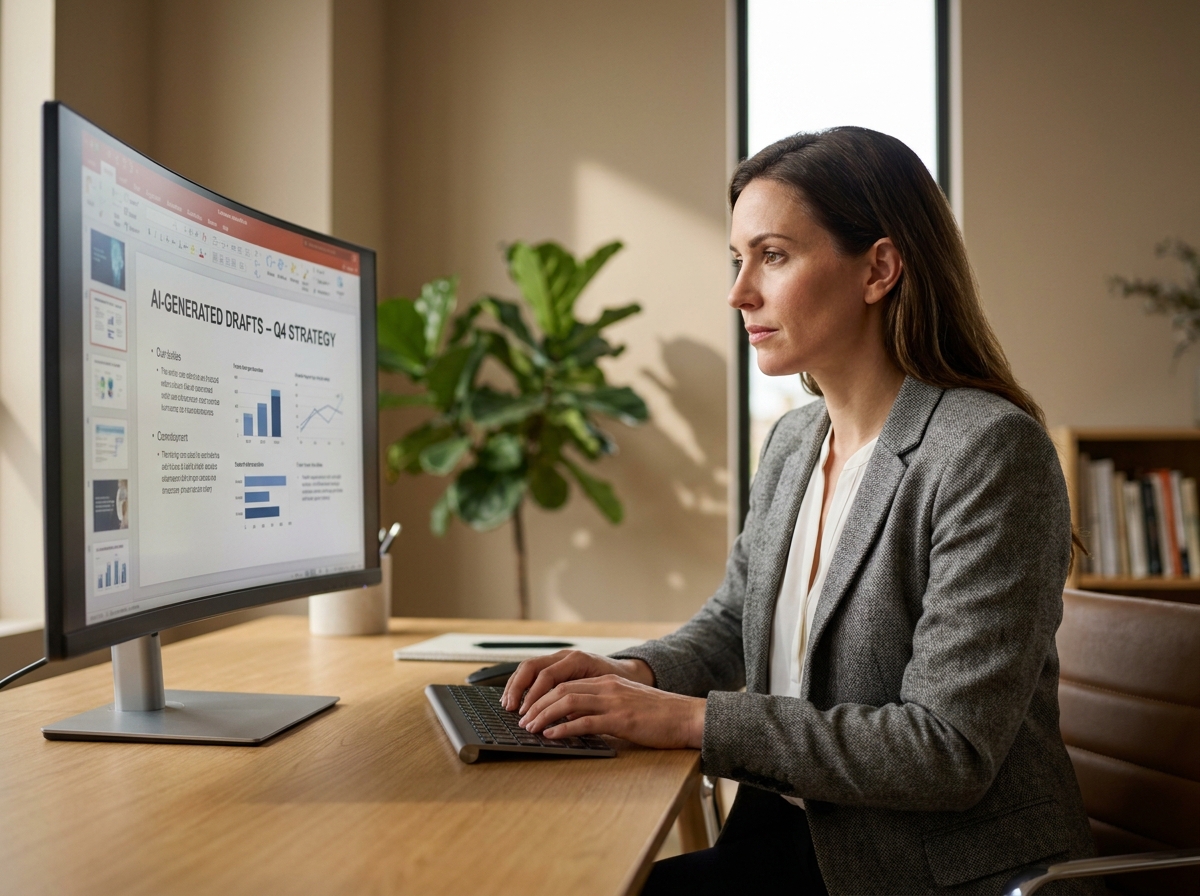 Femme professionnelle préparant une présentation avec l'IA sur un ordinateur dans un bureau moderne