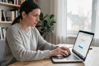 Femme frustrée face à un problème de connexion webmail sur son ordinateur portable à domicile