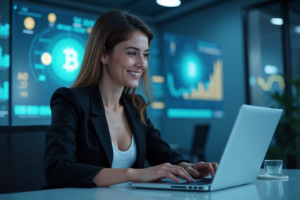 Femme professionnelle utilisant un ordinateur dans un bureau hightech