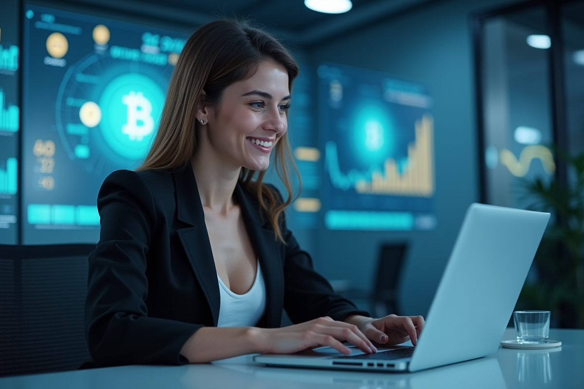 Femme professionnelle utilisant un ordinateur dans un bureau hightech