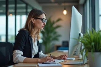 Femme professionnelle au bureau moderne en activité