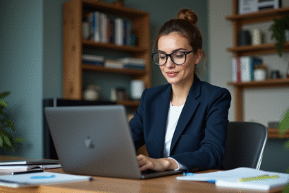Femme professionnelle en bureau moderne analysant son ordinateur