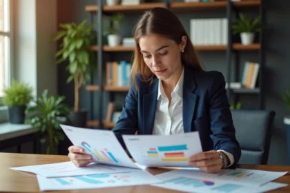 Femme professionnelle compare deux diagrammes colorés sur son bureau