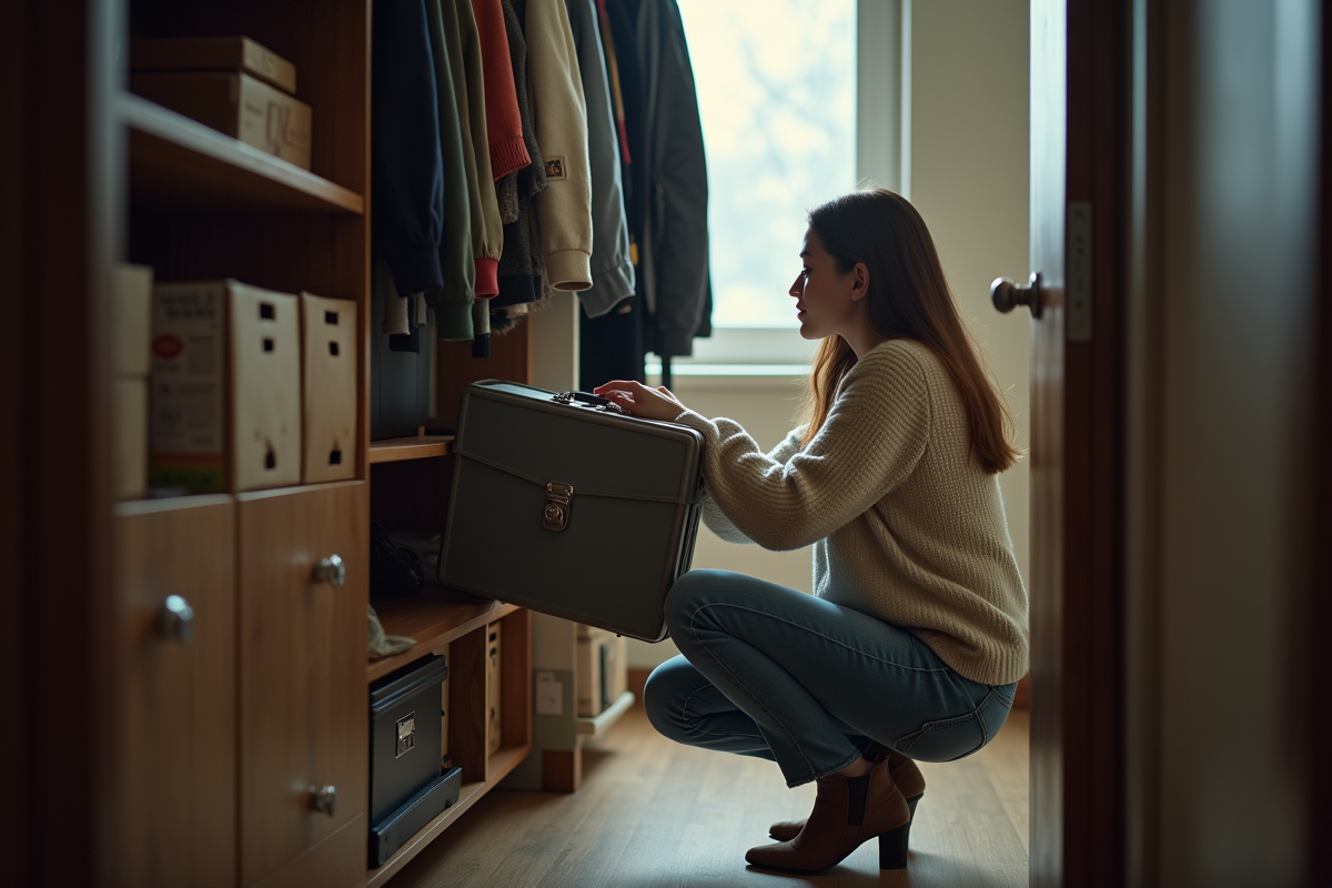 Jeune femme rangeant une mallette verrouillée dans une armoire