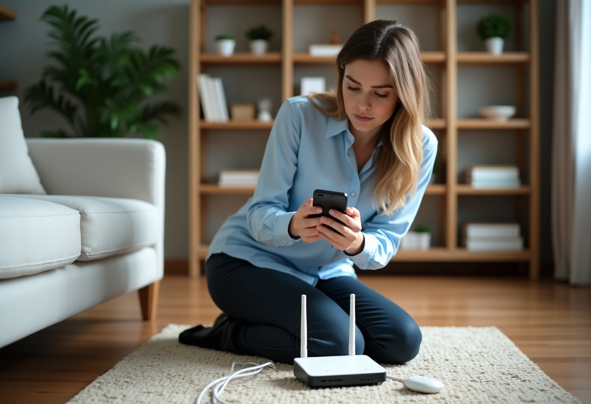 Jeune femme vérifiant un routeur wifi dans un salon familial