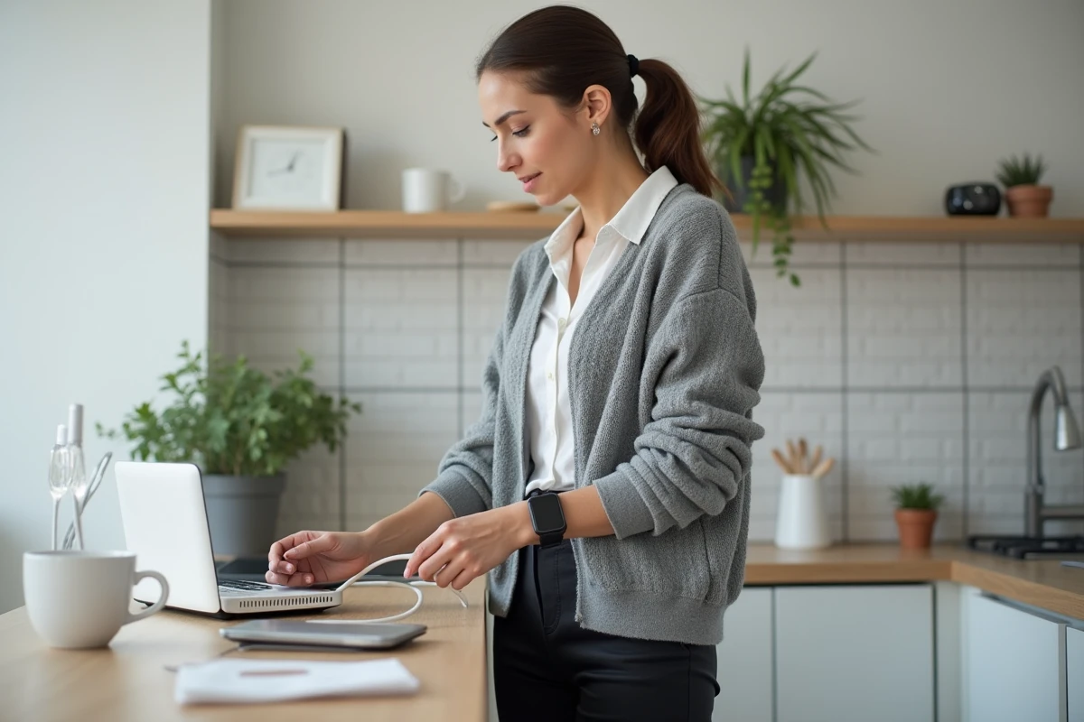 Femme débranchant son routeur dans la cuisine moderne