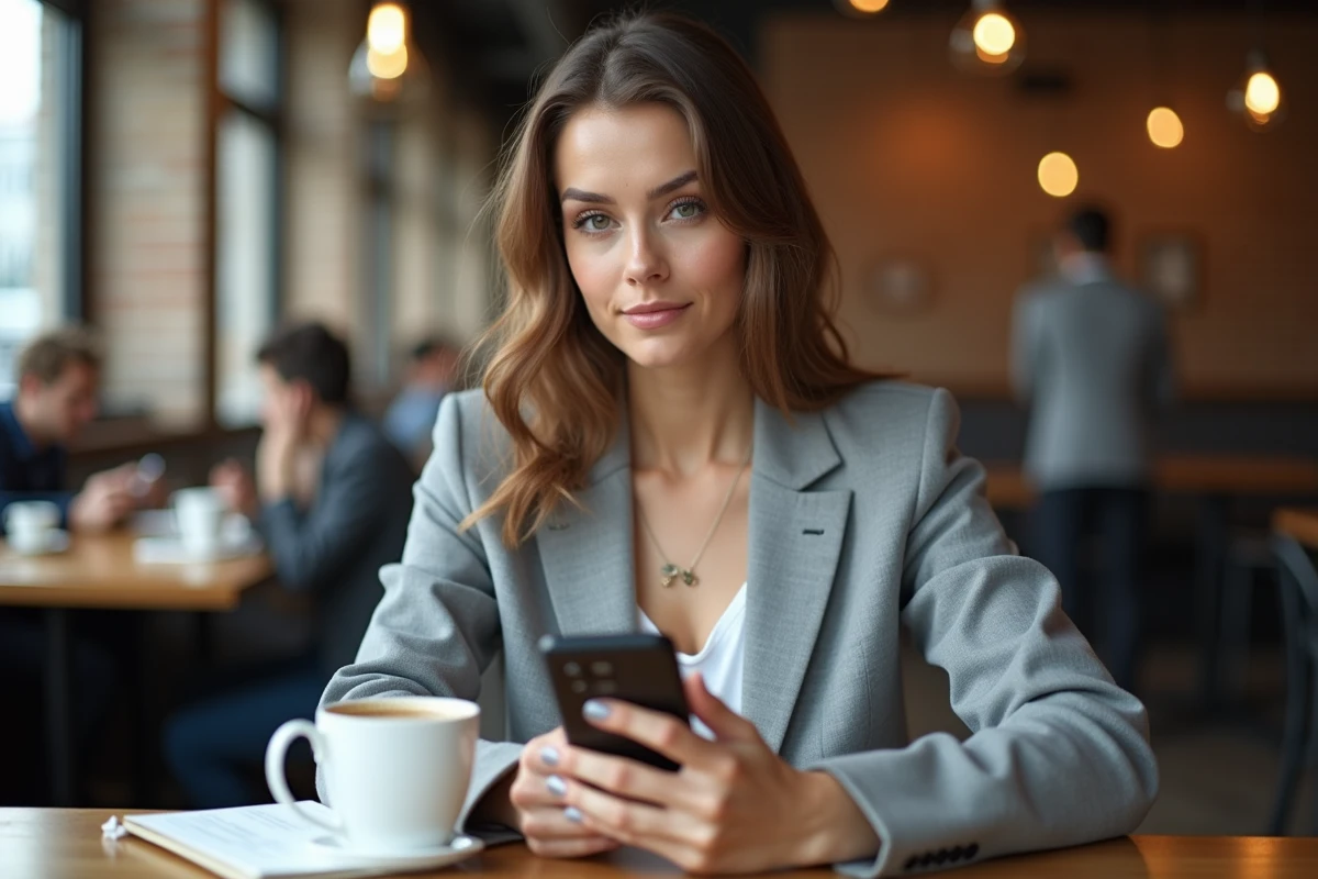 Femme utilisant un Samsung Galaxy smartphone dans un café urbain avec notebook et café sur la table