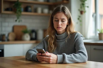 Femme envoyant un SMS discret depuis son smartphone dans une cuisine moderne, illustrant l'envoi de message en numéro masqué