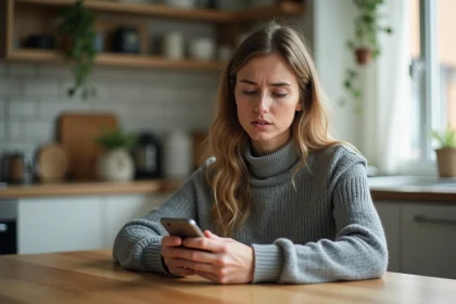 Femme envoyant un SMS discret depuis son smartphone dans une cuisine moderne, illustrant l'envoi de message en numéro masqué